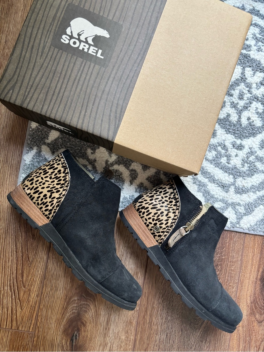 Sorel Black Ankle Boots with Leopard-Print Heel